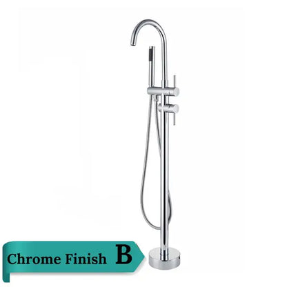 Chrome-finished freestanding bathtub faucet with swivel spout and integrated handheld showerhead mixer tap by DecorBites