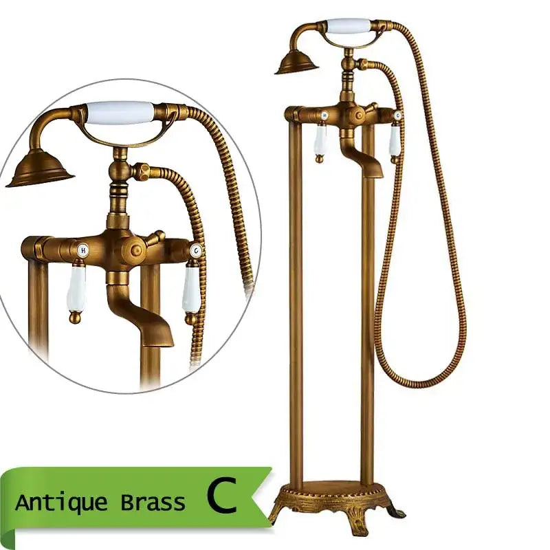 Decorbites antique brass freestanding bathtub filler with white ceramic handles and flexible hand shower hose