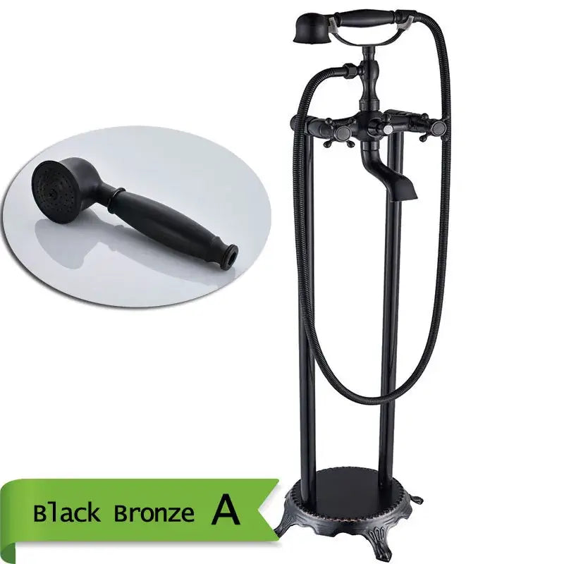 Black bronze antique brass freestanding bathtub filler with tall ornate stand and attached handheld showerhead