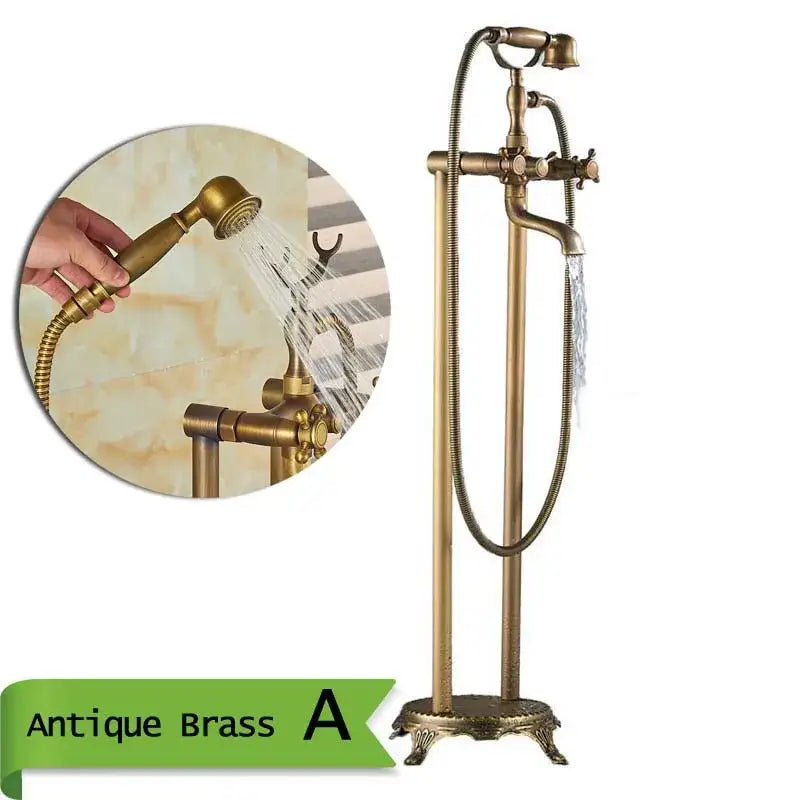 Decorbites™ antique brass freestanding bathtub filler with dual handles and handheld spray head in brass freestanding bathtub design