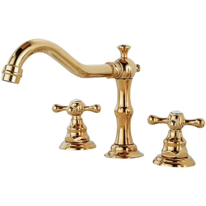 DecorBites antique brass gold basin faucet with brass finish, classic curved spout, and ornate double cross handles