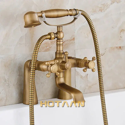Decorbites™ antique brass shower head kit featuring vintage-style bathtub faucet with handheld showerhead and dual knobs