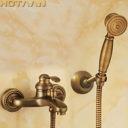 Decorbites antique brass shower head kit with ornate detailing includes bathroom faucet and hand held shower head
