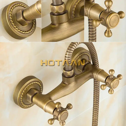Decorbites™ antique brass hand held shower kit with ornate twisted rope detailing on wall mounted bathroom faucet