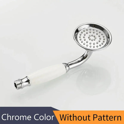 Decorbites™ brass hand held shower with chrome finish white ceramic handle and round rainfall spray head