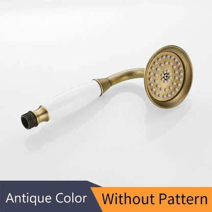 Decorbites antique brass hand held shower with white ceramic handle and round rainfall spray face with multiple nozzles