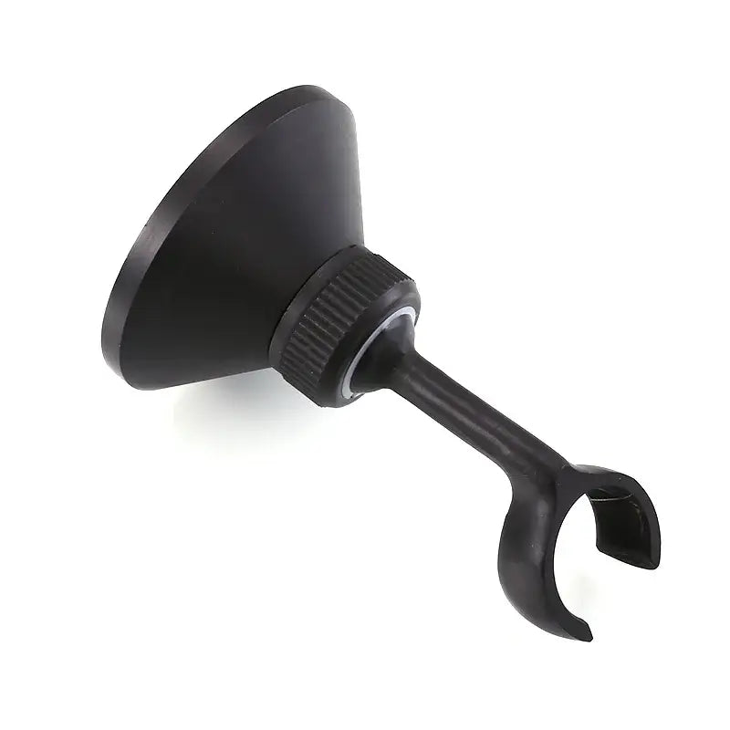 Black matte-finish suction cup mount with textured grip collar and adjustable hook for antique brass handheld shower holder