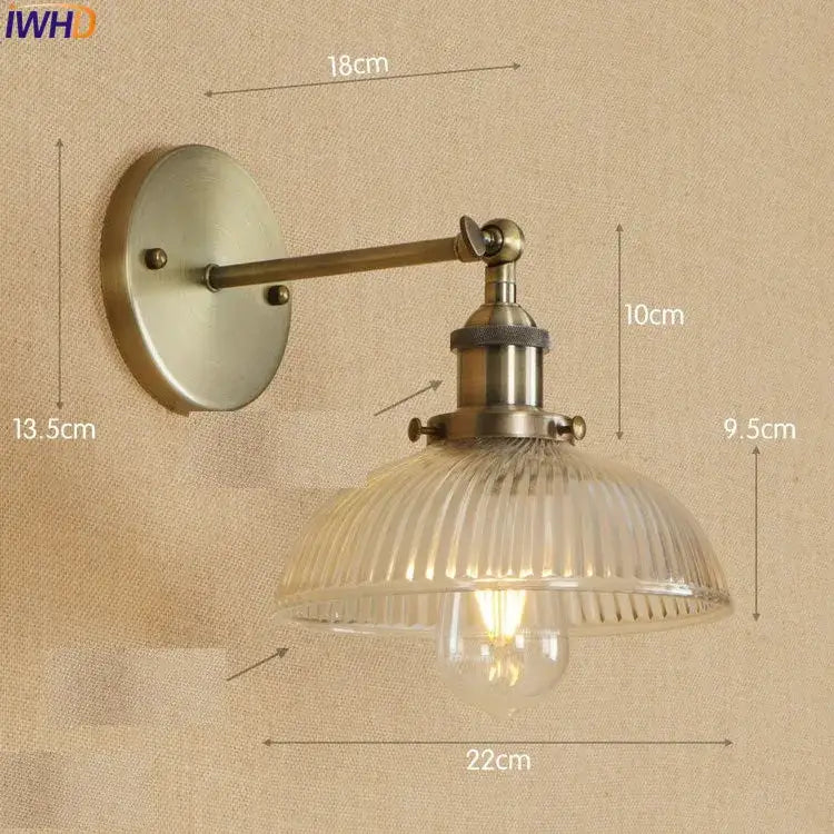 Decorbites antique brass industrial wall sconce with ribbed clear glass shade and exposed edison bulb wall light fixture
