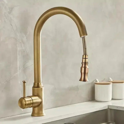 DecorBites antique brass kitchen faucet with brass finish, curved spout, and flexible pull-out spray head for sinks