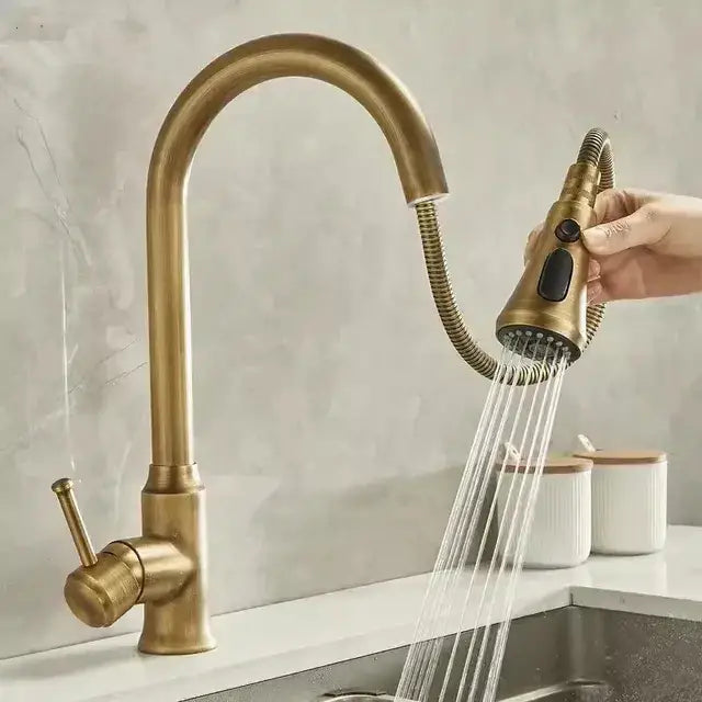 Brass-finished antique brass kitchen faucet with pull-down spray head and 360° rotation by decorbites tuqiu design