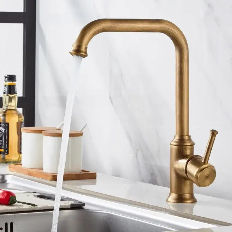 Decorbites antique brass kitchen faucet with high-arc spout single lever handle and 360° swivel brass kitchen faucet