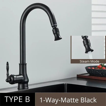 Matte black kitchen faucet with curved spout single handle and steam mode nozzle in DecorBites™ antique brass kitchen style