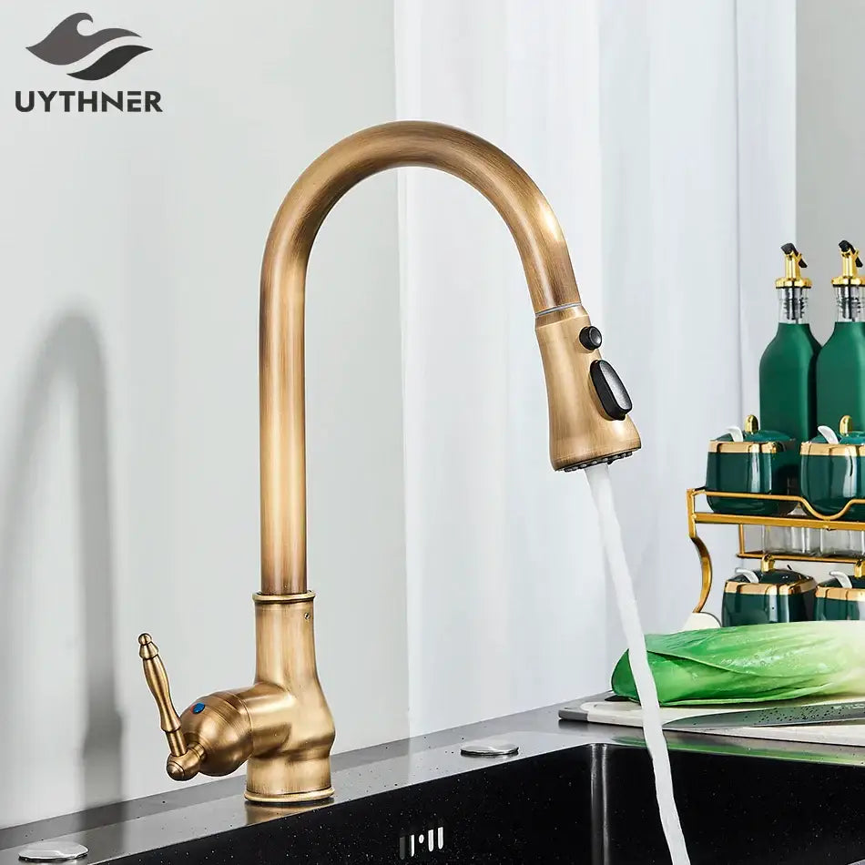DecorBites antique brass kitchen faucet with pull-down spray head and 360 rotation brass kitchen faucet design