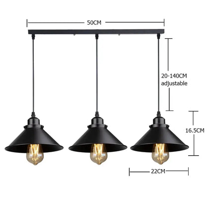 Decorbites pendant light with black industrial conical shades and exposed filament bulbs for antique brass kitchen use