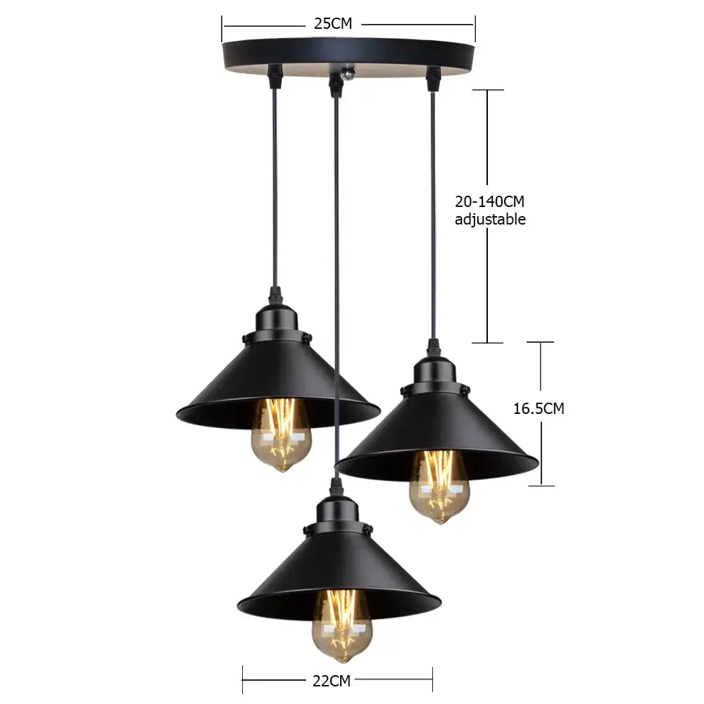 Black metal pendant light fixture with three conical shades and exposed filament bulbs for antique brass kitchen pendant use