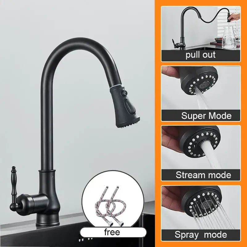 Black matte-finish pull-out kitchen faucet with curved spout and decorative handle for antique brass kitchen sink use
