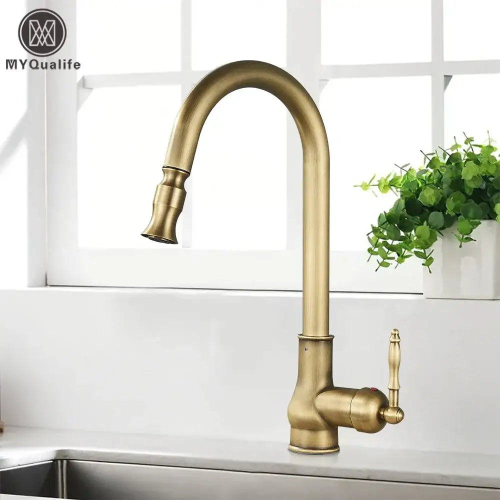 Decorbites antique brass kitchen sink faucet with pull down swivel spout and brass kitchen sink vintage style