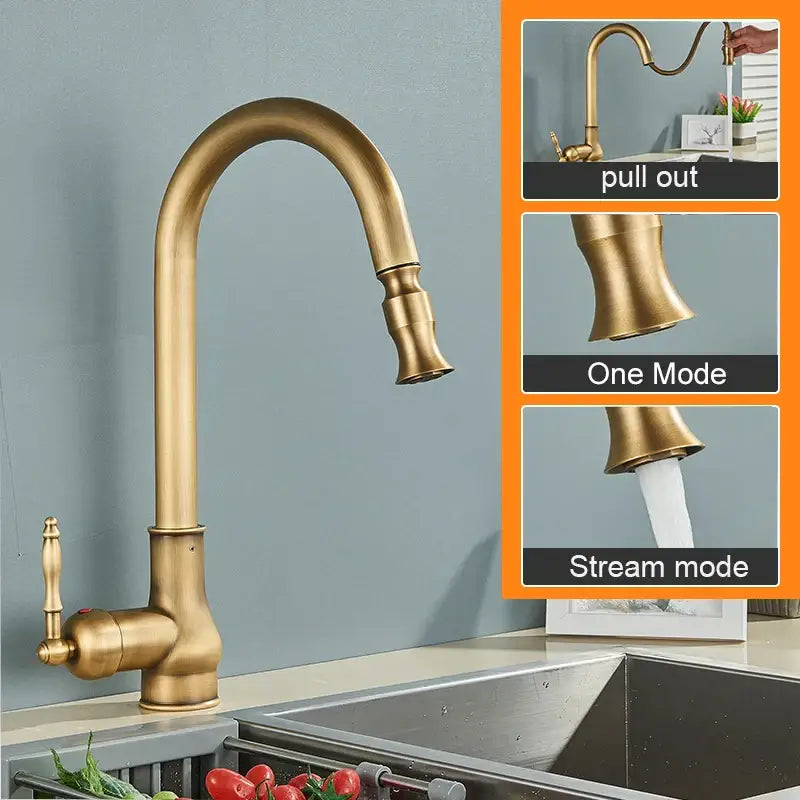 Decorbites antique brass kitchen sink faucet with pull down swivel spout and curved pull-out spray head in brass finish
