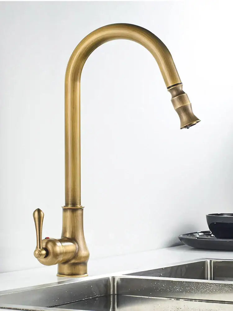 DecorBites antique brass kitchen sink faucet with high-arc pull down swivel spout and lever handle in brass finish