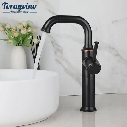 Decorbites™ black matte bathroom faucet with sleek curved spout single handle mixer tap in antique brass oil finish