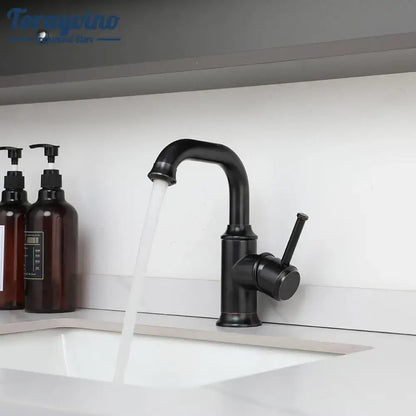 Decorbites™ bathroom faucet in black matte finish with curved spout and single lever handle brass oil rubbed design