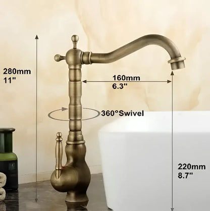 Decorbites antique brass porcelain basin mixer with 360 degree swivel spout and ornate segmented design faucet