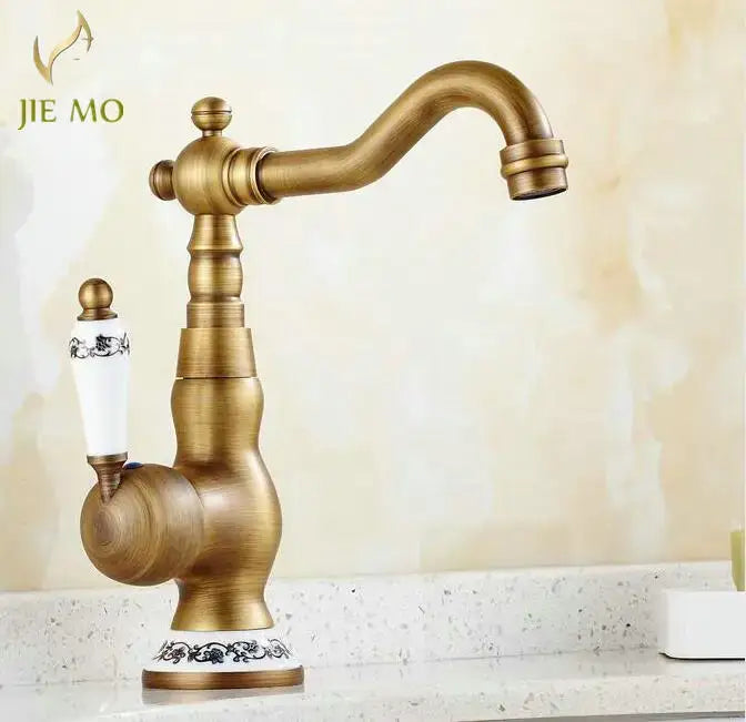 Decorbites antique brass porcelain basin mixer kitchen faucet with curved spout and decorative black and white porcelain accents