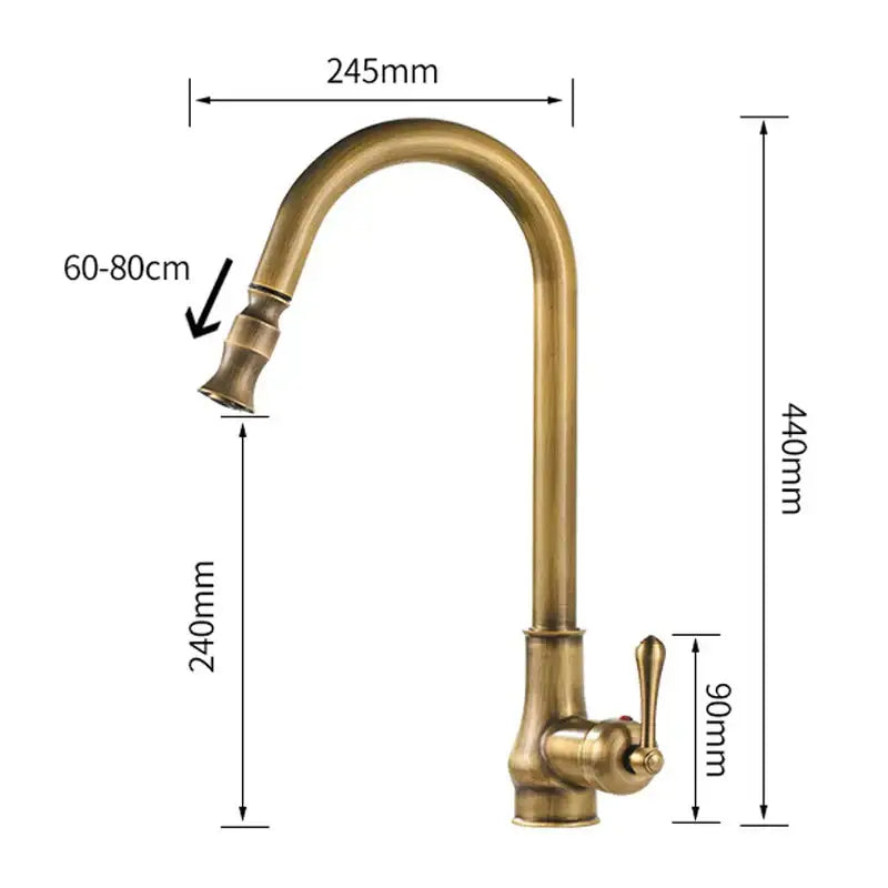 Decorbites™ antique brass pull out kitchen faucet with brass pull curved spout and single lever handle in antique brass finish
