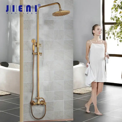 Decorbites antique brass rainfall shower faucet set with gold-finished brass rainhead and handheld spray nozzle shower faucet set