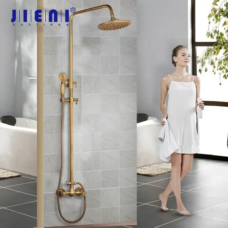 Decorbites antique brass rainfall shower faucet set with gold-finished brass rainhead and handheld spray nozzle shower faucet set