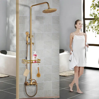 Decorbites antique brass shower faucet set with rainhead handheld sprayer and integrated shelf in brass finish