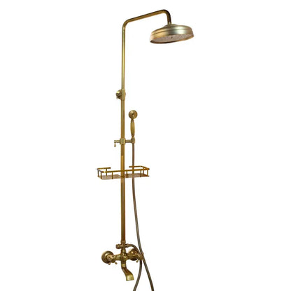 DecorBites antique brass shower faucet set with round rainhead handheld sprayer and integrated shelf in faucet set
