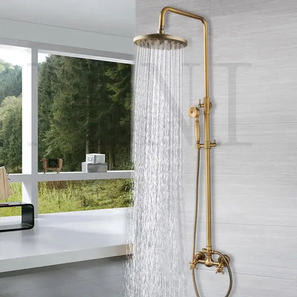 DecorBites antique brass shower faucet set with rainfall shower head handheld spray and control valves in brass finish