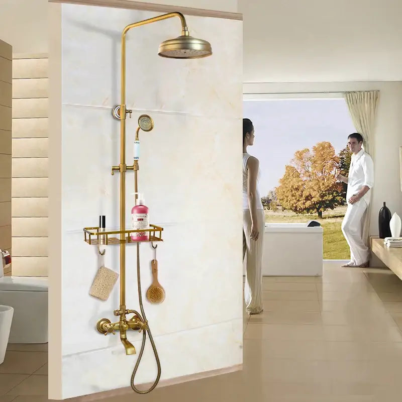 Decorbites™ antique brass rainfall shower faucet set with round rainhead handheld nozzle and integrated shelf