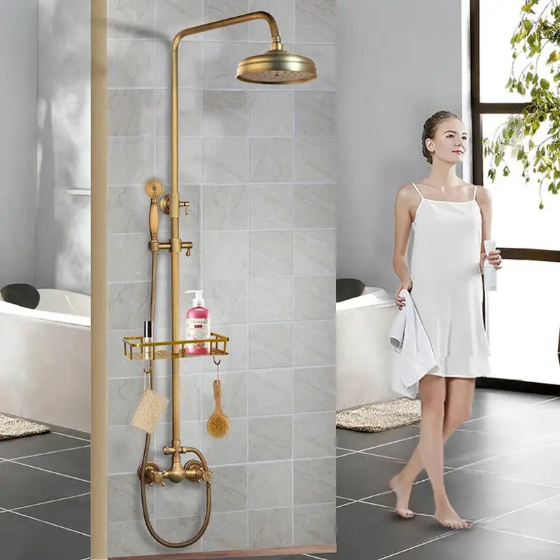 Decorbites™ antique brass rainfall shower faucet set with round rainhead handheld sprayer and integrated shelf