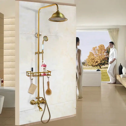 DecorBites™ antique brass shower faucet set with large overhead rainhead, handheld nozzle, and integrated shelf
