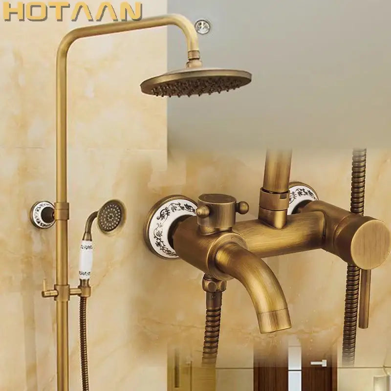 DecorBites antique brass shower faucet set with ornate ceramic accents and curved overhead rainhead for bathroom use
