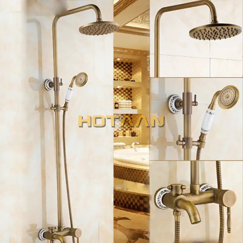 DecorBites™ antique brass shower faucet set with fixed rainhead, adjustable handheld spray, and porcelain knobs