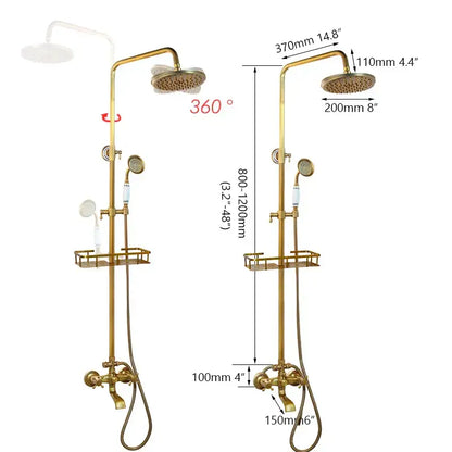 Decorbites™ antique brass rainfall shower faucet set with handshower and integrated shelf features brass finish