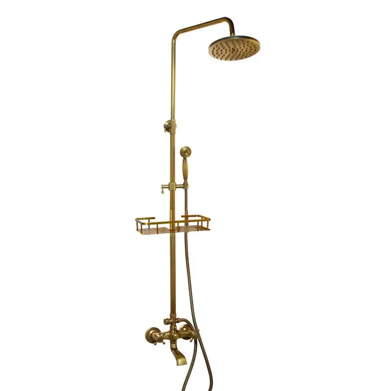 Brass-finished DecorBites antique brass rainfall shower faucet set with round rainhead handheld spray and integrated shelf