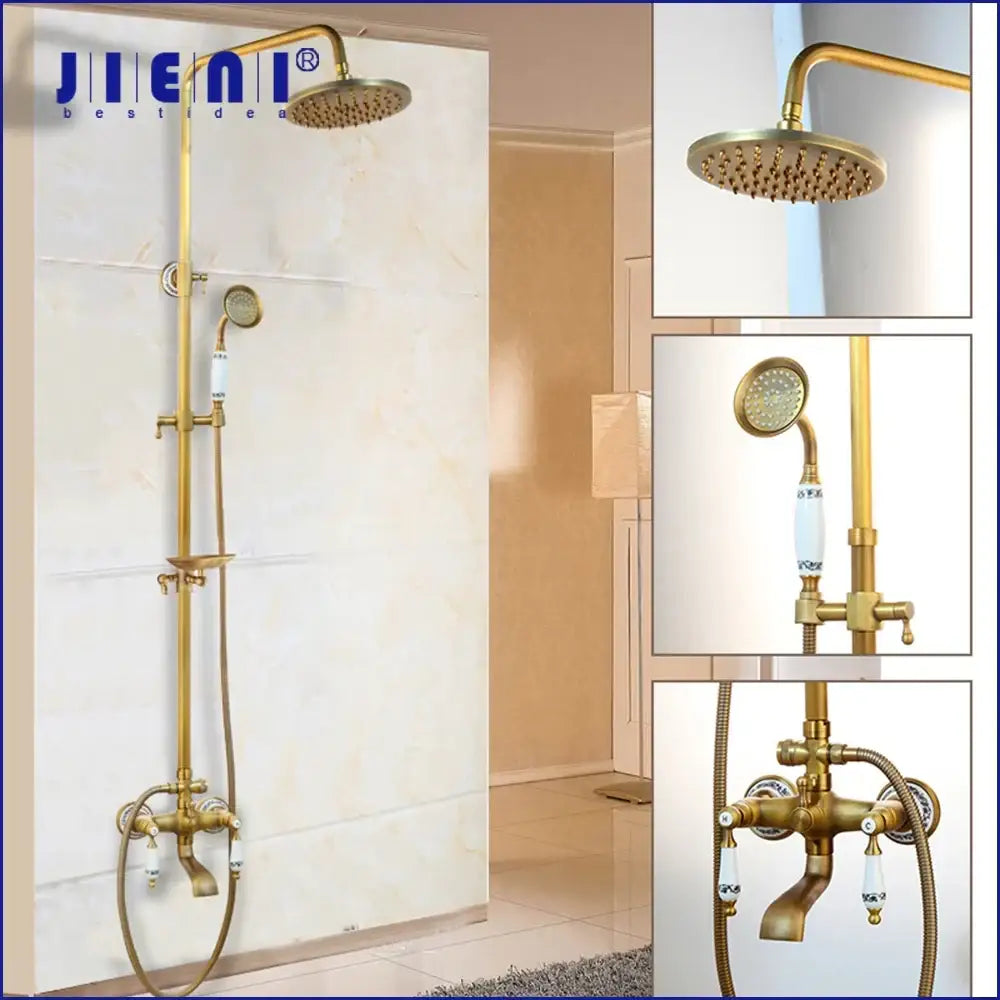 Decorbites antique brass rainfall shower faucet set with gold-finished brass rainhead handheld spray and ceramic valve handles