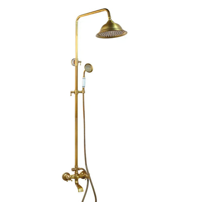 DecorBites antique brass shower faucet set with rainfall showerhead handheld spray nozzle and shelf in vintage style
