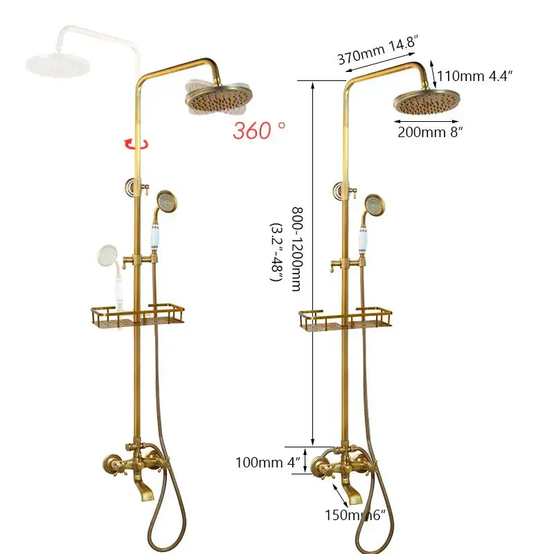 Brass-finished decorbites antique brass rainfall shower faucet set with main rainhead handheld sprayer and integrated shelf