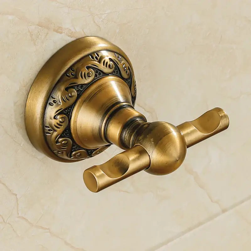 DecorBites antique brass robe hook with ornate floral engraving on circular base durable aluminium bathroom accessory