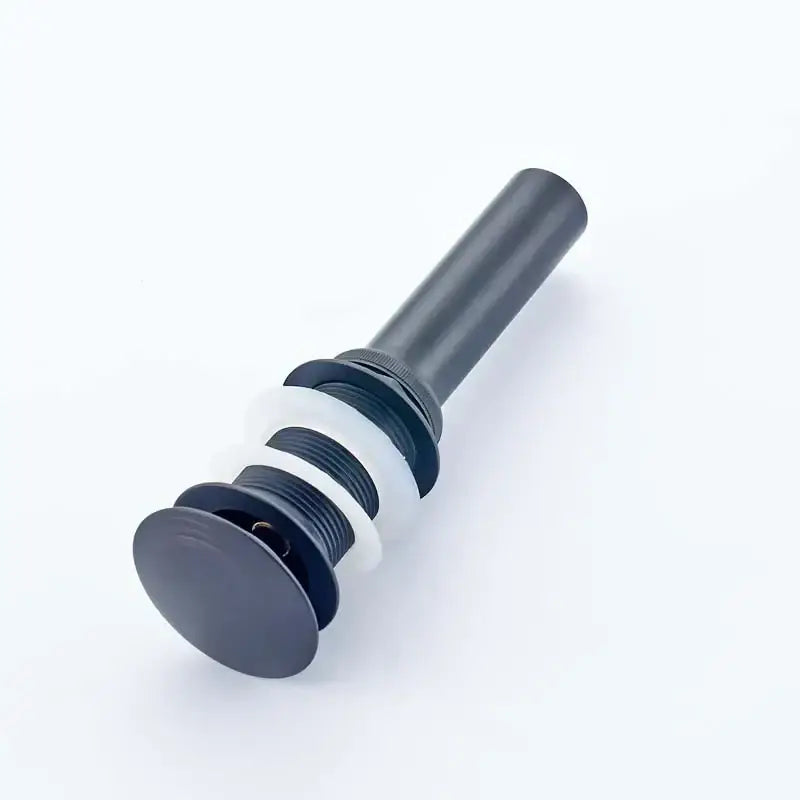 Black matte-finish bathroom sink drain with cylindrical stem and threaded collar for decorbites™ antique brass round siphon p-trap
