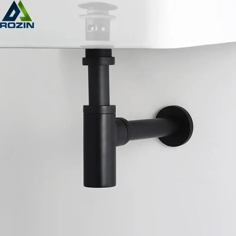 Decorbites™ antique brass brass round siphon p-trap with black matte finish and modern design for bathroom vanity