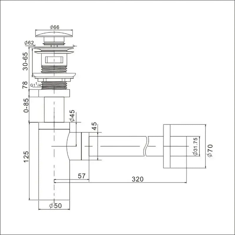 Technical drawing of decorbites antique brass brass round siphon p-trap bathroom vanity basin pop-up drain assembly
