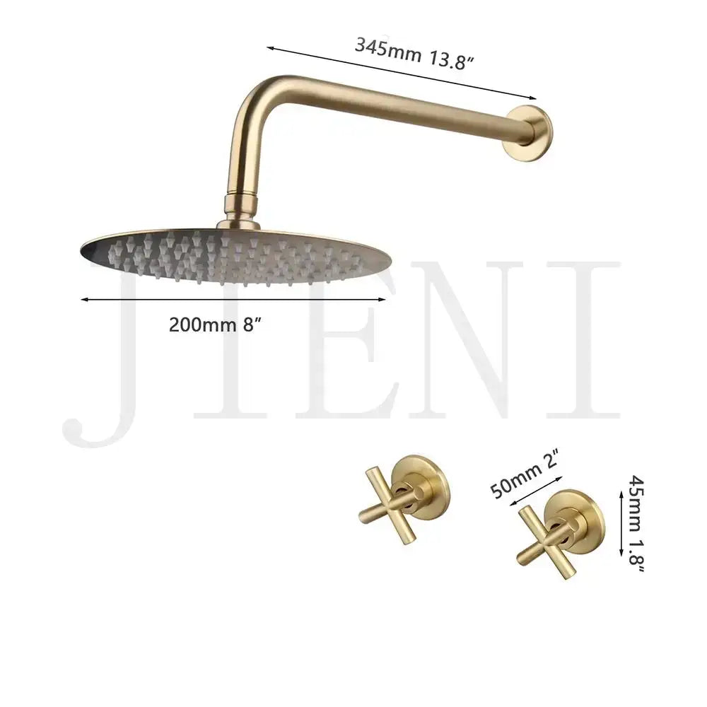 DecorBites antique brass round wall mounted rainfall shower faucet set with brass finish and cross handles faucet set