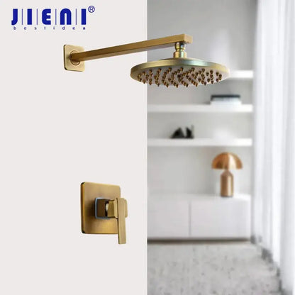 Decorbites antique brass shower faucet set with gold-finished jienai rainfall shower head and matching control valve