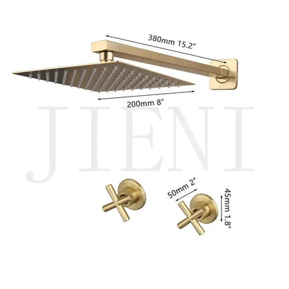 DecorBites™ antique brass shower faucet set with gold-finished square showerhead and cross-shaped wall controls